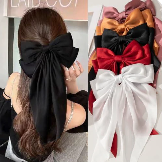 Alt view image 2 of 7 - Black Satin Hair Bows and Clips Set for Women & Girls - 5 PCS Bow-knot Hair Clip, Big Bows Claw Clips, Non-Slip Clip for Thick and Thin Hair