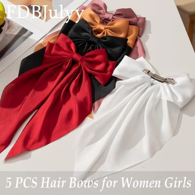 Alt view image 5 of 7 - Black Satin Hair Bows and Clips Set for Women & Girls - 5 PCS Bow-knot Hair Clip, Big Bows Claw Clips, Non-Slip Clip for Thick and Thin Hair