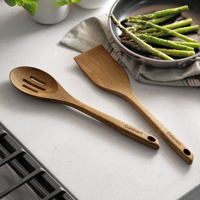 Alt view image 2 of 5 - 2pc Acacia Tool Set Natural Wood: Wooden Cooking Utensils, Slotted Spoon & Turner, Hand Wash, Adult Use