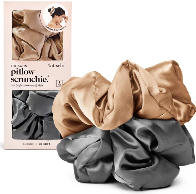 Main image of Pillow Satin Scrunchies for Women - Charcoal & Gold, 2pcs