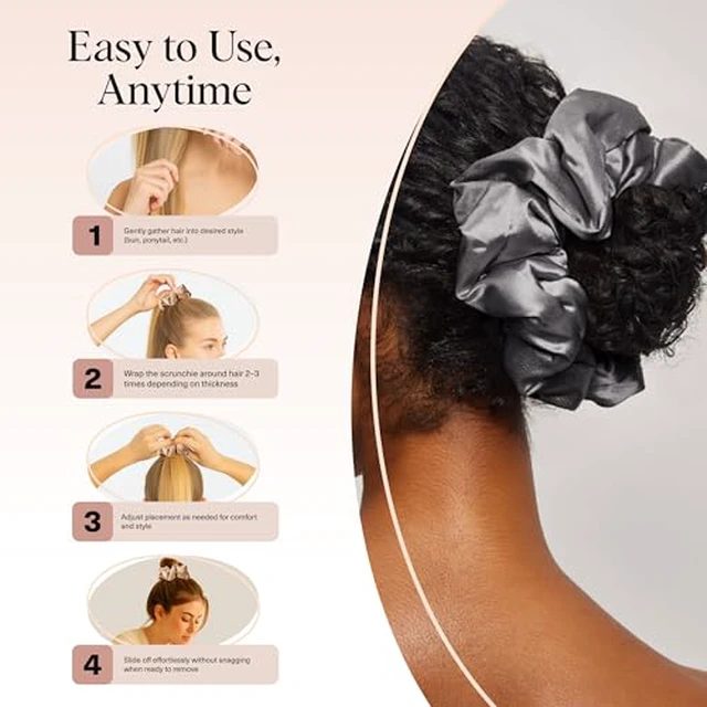 Alt view image 5 of 7 - Pillow Satin Scrunchies for Women - Charcoal & Gold, 2pcs