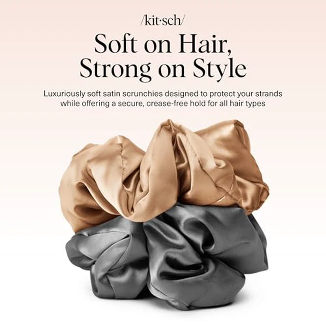 Alt view image 6 of 7 - Pillow Satin Scrunchies for Women - Charcoal & Gold, 2pcs