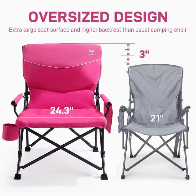 Alt view image 2 of 7 - Padded Oversized Camping Chair for Women, Heavy Duty, Side Pockets, 500lbs, Pink
