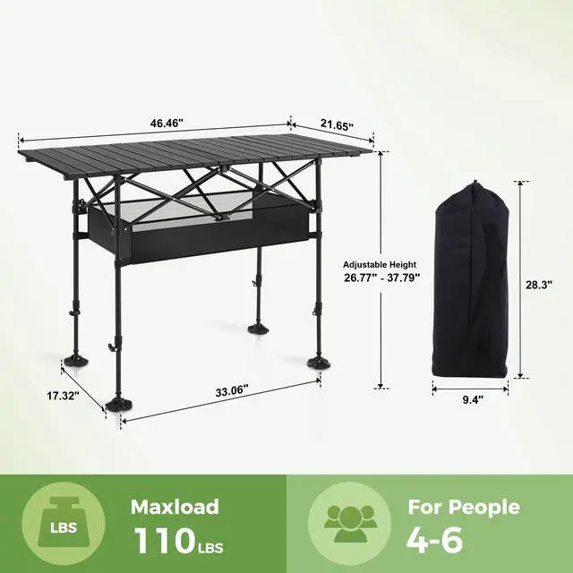 Alt view image 2 of 7 - Folding Camping Table, Aluminum Roll-up Picnic Backpacking Table | Adjustable Height Camping Table Portable Picnic Dining Table Folding Card Table w/Handle Lightweight for Indoor Outdoor