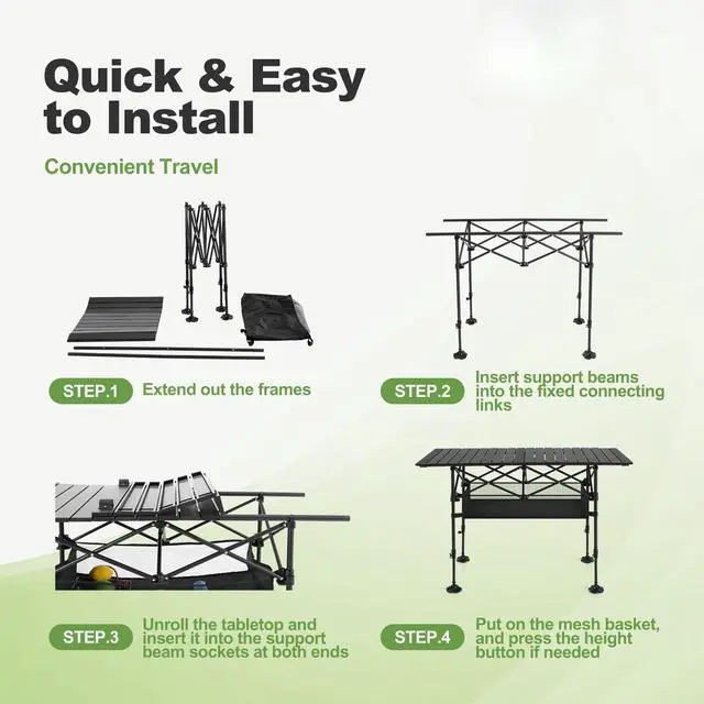 Alt view image 6 of 7 - Folding Camping Table, Aluminum Roll-up Picnic Backpacking Table | Adjustable Height Camping Table Portable Picnic Dining Table Folding Card Table w/Handle Lightweight for Indoor Outdoor