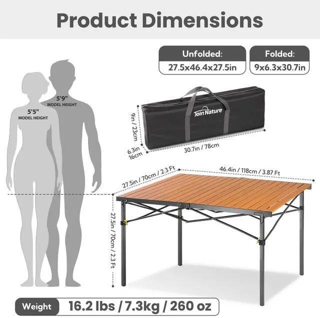 Alt view image 3 of 7 - 46.4" Large Camping Table for 2-6 People, Heavy Duty Foldable | Camp Table with Aluminum Roll-Up Top & Carry Bag, Supports 220 lbs, Portable Folding Table for BBQ, Tailgating, Backyard