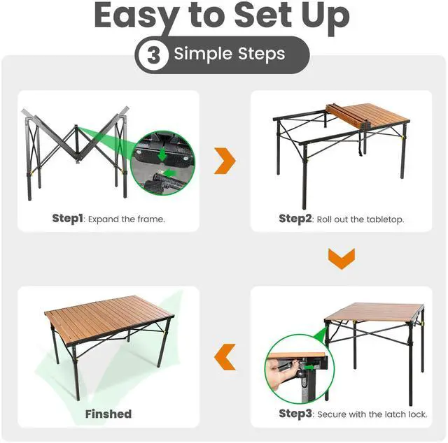 Alt view image 6 of 7 - 46.4" Large Camping Table for 2-6 People, Heavy Duty Foldable | Camp Table with Aluminum Roll-Up Top & Carry Bag, Supports 220 lbs, Portable Folding Table for BBQ, Tailgating, Backyard