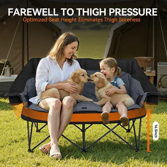 Alt view image 3 of 7 - Oversized Double Camping Chair Padded Camping Chairs for Adults,Black | Folding Loveseat with Cup Holders and Side Pockets Heavy Duty Outdoor Lawn Chairs for Camping,Sports, Fishing,Beach