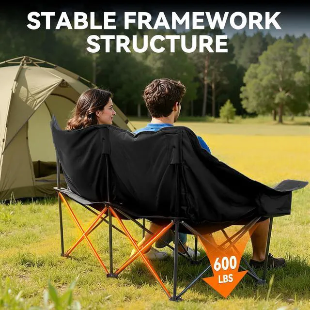 Alt view image 4 of 7 - Oversized Double Camping Chair Padded Camping Chairs for Adults,Black | Folding Loveseat with Cup Holders and Side Pockets Heavy Duty Outdoor Lawn Chairs for Camping,Sports, Fishing,Beach