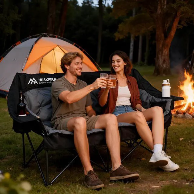 Alt view image 2 of 7 - Oversized Double Camping Chair Padded Camping Chairs for Adults,Black | Folding Loveseat with Cup Holders and Side Pockets Heavy Duty Outdoor Lawn Chairs for Camping,Sports, Fishing,Beach