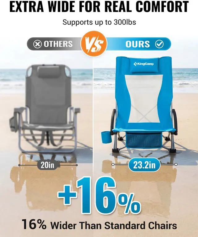 Alt view image 3 of 7 - Low Beach Chairs, Portable Folding Chair for Adults Extra Wide 300lbs Heavy Duty Lightweight Oversized Gear with Cup Holder,Carry Bag,Foldable Chair Carry Bag for Outdoor Lawn Camping Picnic