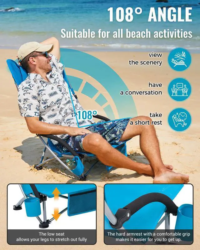 Alt view image 5 of 7 - Low Beach Chairs, Portable Folding Chair for Adults Extra Wide 300lbs Heavy Duty Lightweight Oversized Gear with Cup Holder,Carry Bag,Foldable Chair Carry Bag for Outdoor Lawn Camping Picnic