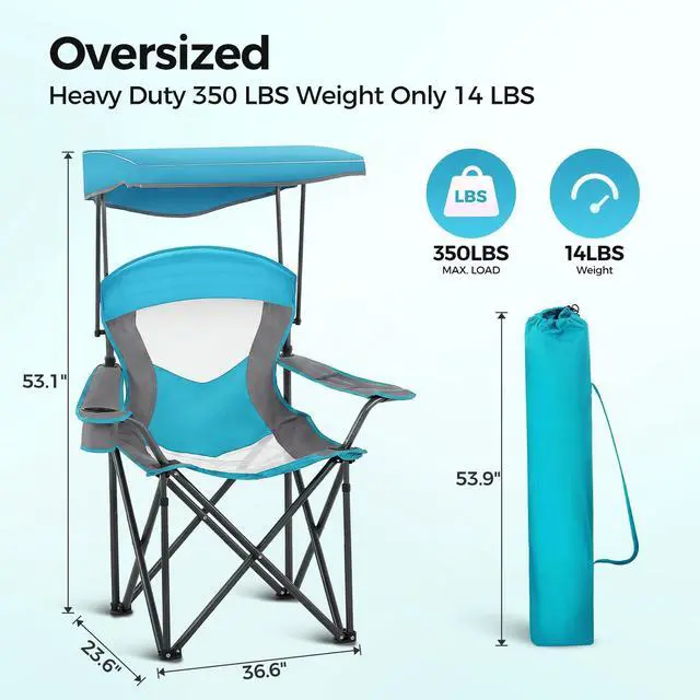 Alt view image 2 of 7 - Heavy Duty Canopy Camping Chairs with Adjustable Sunshade | Heavy duty 400 LBS, Steel Frame, Sturdy, Ergonomic,600D Oxford fabric ,Phone holder Cup holder,Carry Bag,Easy to set up