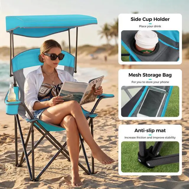 Alt view image 5 of 7 - Heavy Duty Canopy Camping Chairs with Adjustable Sunshade | Heavy duty 400 LBS, Steel Frame, Sturdy, Ergonomic,600D Oxford fabric ,Phone holder Cup holder,Carry Bag,Easy to set up