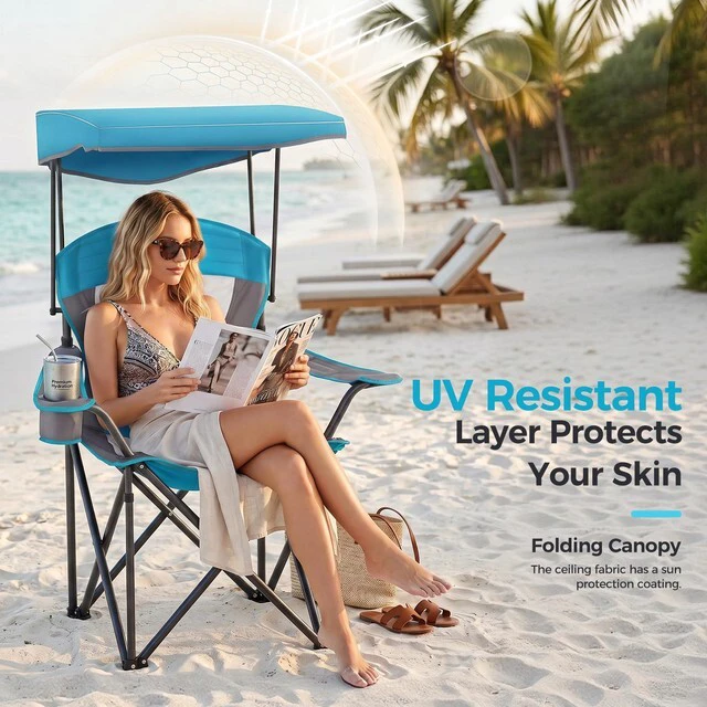 Alt view image 3 of 7 - Heavy Duty Canopy Camping Chairs with Adjustable Sunshade | Heavy duty 400 LBS, Steel Frame, Sturdy, Ergonomic,600D Oxford fabric ,Phone holder Cup holder,Carry Bag,Easy to set up