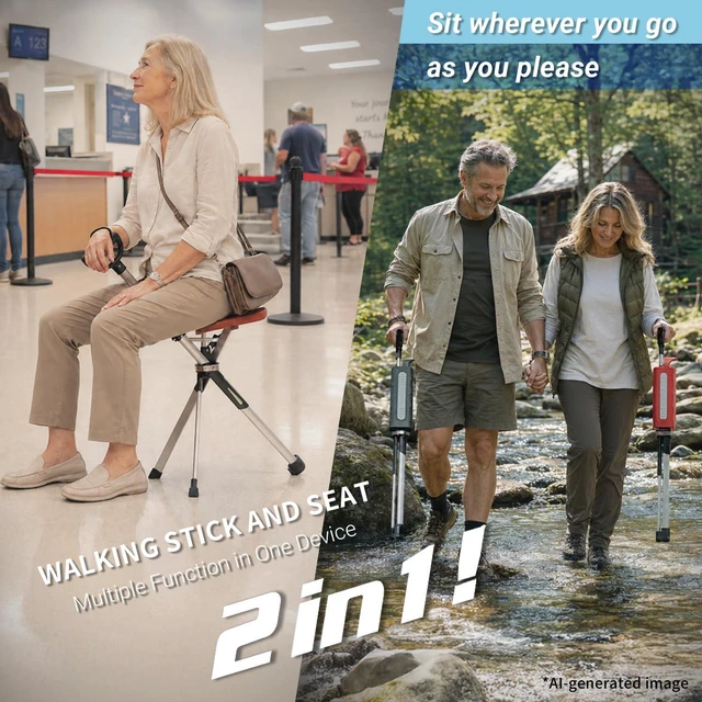 Alt view image 2 of 7 - Ta-Da Chair S2- Walking Stick Chair, Cane with Seat (34.2"/Black) | Foldable Cane Seat, Supports 300lb, Fits Height 5'4"~5'9", for Camping, Hiking, Lightweight Aluminum, Easy Carry, Anti-Slip