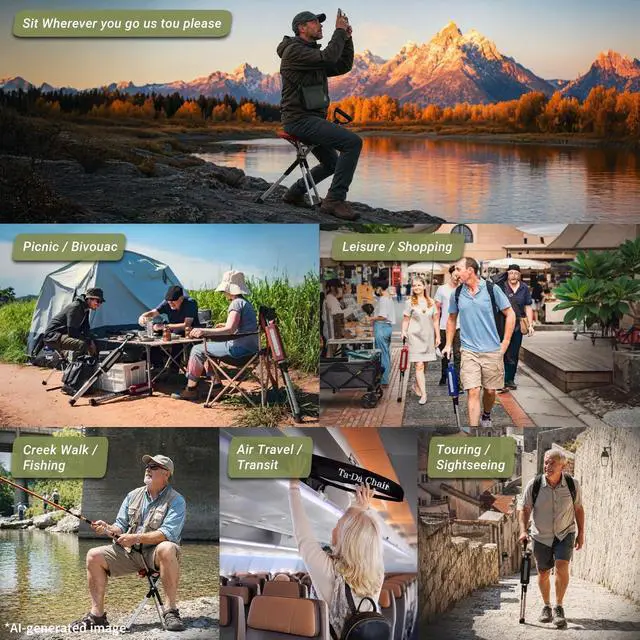 Alt view image 6 of 7 - Ta-Da Chair S2- Walking Stick Chair, Cane with Seat (34.2"/Black) | Foldable Cane Seat, Supports 300lb, Fits Height 5'4"~5'9", for Camping, Hiking, Lightweight Aluminum, Easy Carry, Anti-Slip