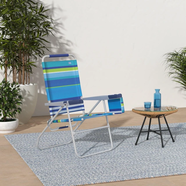 Alt view image 2 of 3 - 17" Extended Height 4-Position Folding Beach, Camping, Lawn Chair, Blue/White/Green