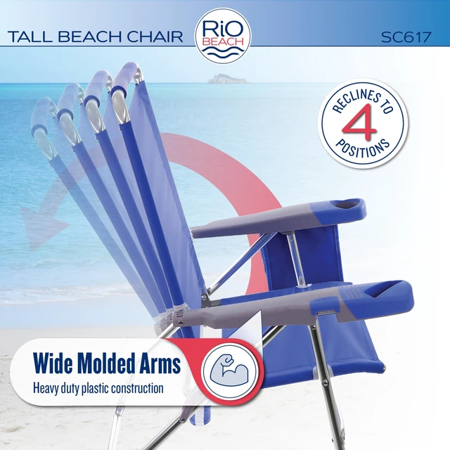 Alt view image 4 of 7 - 17" Extended Height 4-Position Folding Beach, Camping, Lawn Chair, Blue/White/Green