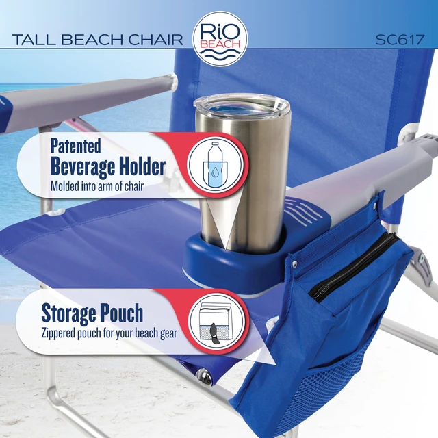 Alt view image 7 of 7 - 17" Extended Height 4-Position Folding Beach, Camping, Lawn Chair, Blue/White/Green