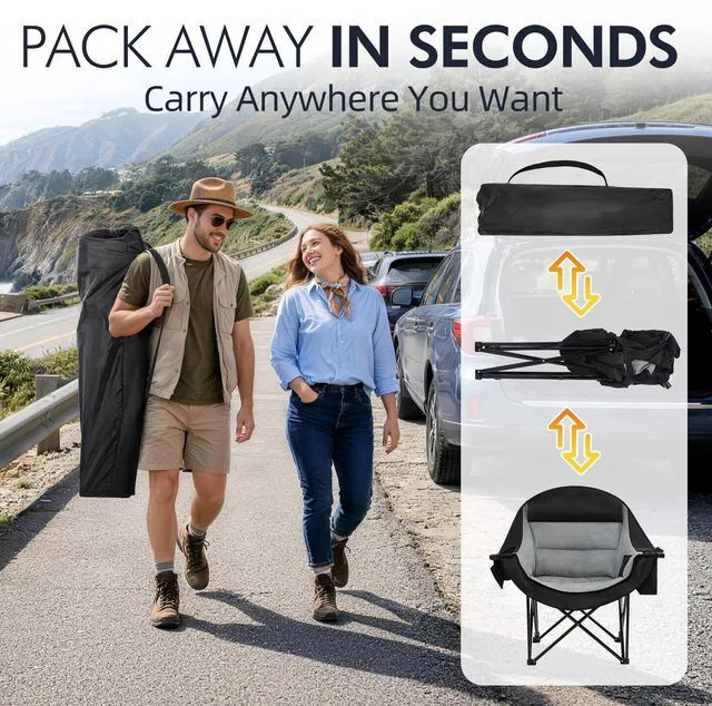Alt view image 6 of 7 - Oversized Camping Chairs for Adults - Heavy Duty Padded Outdoor Camp ChairFolding Lawn XL Camping Chair with Cup Holder Cooler Pockets for Outside Sports Beach Fishing Portable Supports 500lbs,Black