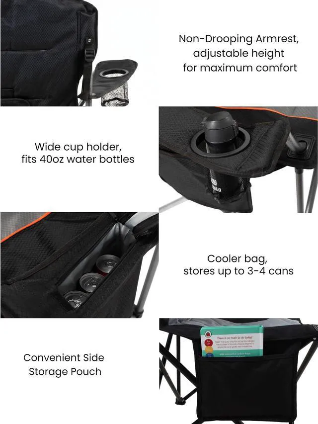 Alt view image 6 of 7 - 2-Pack Padded Oversized Camping Chair Heavy Duty for Adults | Adjustable Lumbar Support, Non-Drooping Armrest, Cooler BagCup Holder, Tear-Proof Wide Bag, Up to 500 LBS for Camp, Outdoor