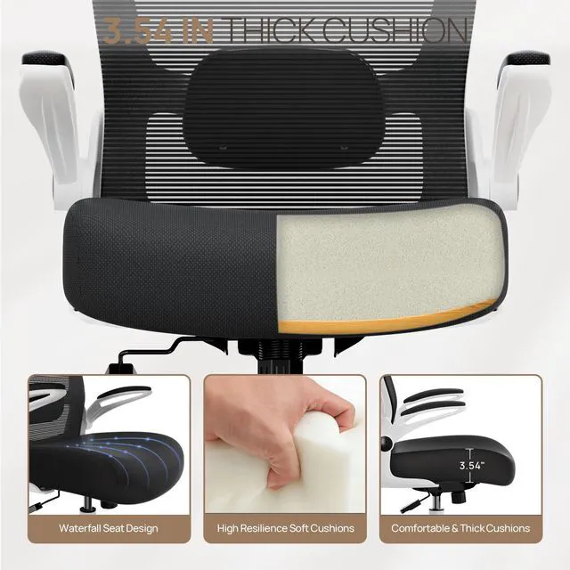 Alt view image 2 of 7 - Ergonomic Office Chair - Desk Chair with Flip-up Armrests & 135° Recline, Adjustable Lumbar Support - Space-Saving Task Chair for Business/Team Office & Home (White Frame-Black, 300lbs)