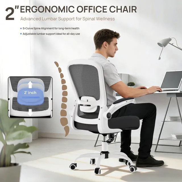 Alt view image 3 of 7 - Ergonomic Office Chair - Desk Chair with Flip-up Armrests & 135° Recline, Adjustable Lumbar Support - Space-Saving Task Chair for Business/Team Office & Home (White Frame-Black, 300lbs)