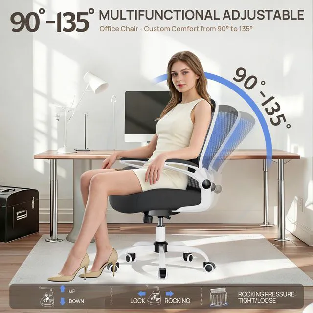 Alt view image 4 of 7 - Ergonomic Office Chair - Desk Chair with Flip-up Armrests & 135° Recline, Adjustable Lumbar Support - Space-Saving Task Chair for Business/Team Office & Home (White Frame-Black, 300lbs)