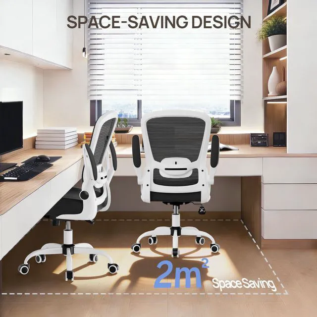 Alt view image 5 of 7 - Ergonomic Office Chair - Desk Chair with Flip-up Armrests & 135° Recline, Adjustable Lumbar Support - Space-Saving Task Chair for Business/Team Office & Home (White Frame-Black, 300lbs)
