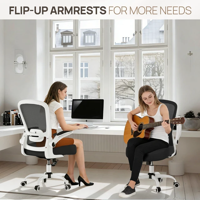 Alt view image 6 of 7 - Ergonomic Office Chair - Desk Chair with Flip-up Armrests & 135° Recline, Adjustable Lumbar Support - Space-Saving Task Chair for Business/Team Office & Home (White Frame-Black, 300lbs)