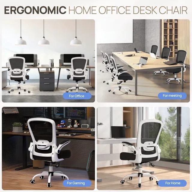 Alt view image 7 of 7 - Ergonomic Office Chair - Desk Chair with Flip-up Armrests & 135° Recline, Adjustable Lumbar Support - Space-Saving Task Chair for Business/Team Office & Home (White Frame-Black, 300lbs)