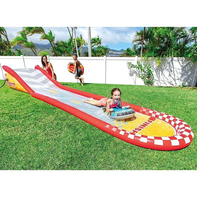 Alt view image 2 of 7 - 57167EP 18.5 Foot Long Inflatable Racing Fun Water Slide Track with 2 Surf Car Riders and Built-in Sprayer for Ages 6 and Up