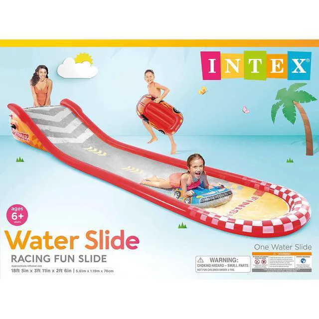 Alt view image 5 of 7 - 57167EP 18.5 Foot Long Inflatable Racing Fun Water Slide Track with 2 Surf Car Riders and Built-in Sprayer for Ages 6 and Up