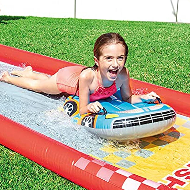 Alt view image 6 of 7 - 57167EP 18.5 Foot Long Inflatable Racing Fun Water Slide Track with 2 Surf Car Riders and Built-in Sprayer for Ages 6 and Up