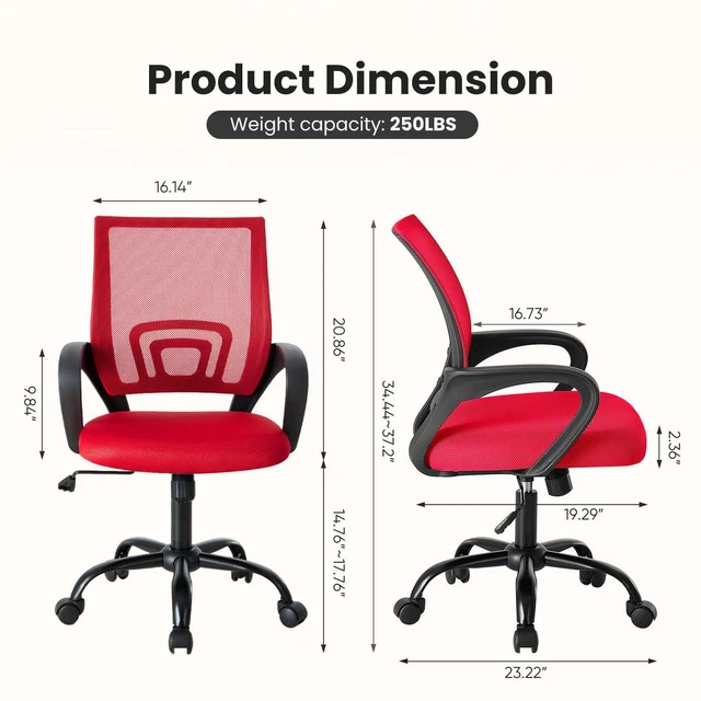 Alt view image 2 of 7 - Ergonomic Office Chair, Mid-Back Executive Desk Chair 2 Pack | Comfortable Lumbar Support, Breathable Backrest, Fixed Armrest, Height Adjustable, 360° Swivel, Computer Gaming, Red
