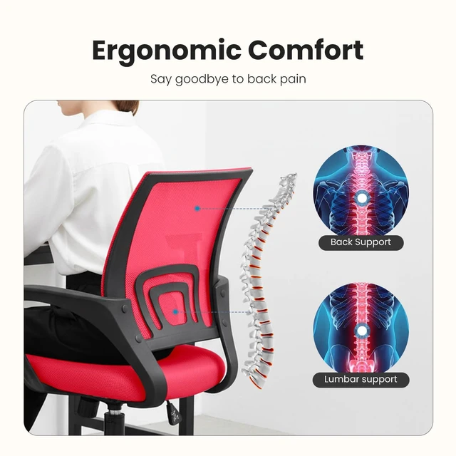 Alt view image 3 of 7 - Ergonomic Office Chair, Mid-Back Executive Desk Chair 2 Pack | Comfortable Lumbar Support, Breathable Backrest, Fixed Armrest, Height Adjustable, 360° Swivel, Computer Gaming, Red
