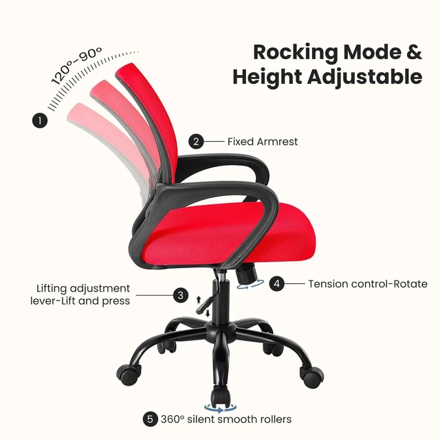 Alt view image 5 of 7 - Ergonomic Office Chair, Mid-Back Executive Desk Chair 2 Pack | Comfortable Lumbar Support, Breathable Backrest, Fixed Armrest, Height Adjustable, 360° Swivel, Computer Gaming, Red