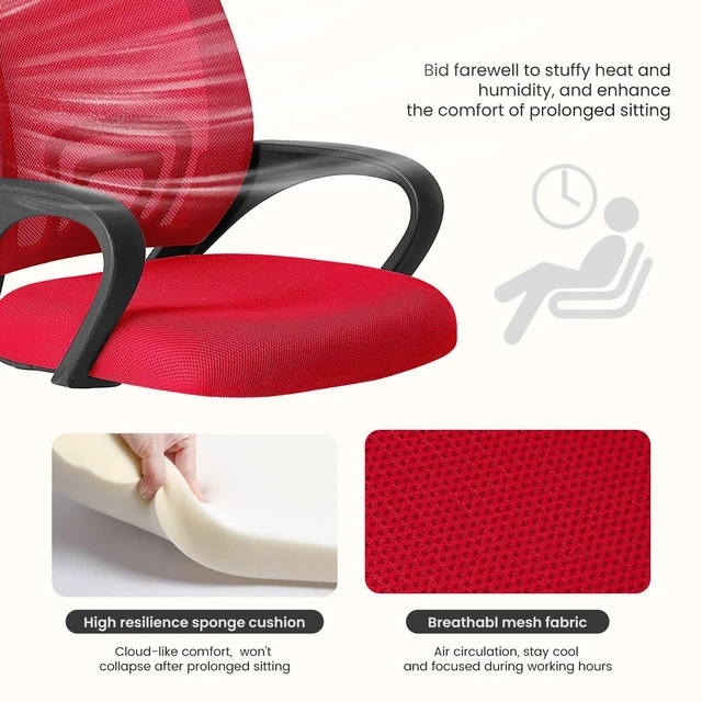 Alt view image 4 of 7 - Ergonomic Office Chair, Mid-Back Executive Desk Chair 2 Pack | Comfortable Lumbar Support, Breathable Backrest, Fixed Armrest, Height Adjustable, 360° Swivel, Computer Gaming, Red