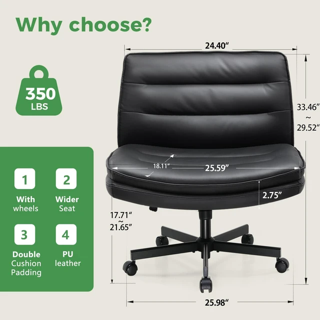 Alt view image 2 of 7 - Criss Cross Legged Office Chair with Wheels, Extra Wide Armless Comfy Desk Chair for Home Bedroom, 2 Layer Cushion Large Seat & Back Support X-Legged Chair, Beige PU Leather Adjustable Height