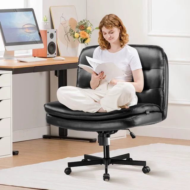Main image of Criss Cross Legged Office Chair with Wheels, Extra Wide Armless Comfy Desk Chair for Home Bedroom, 2 Layer Cushion Large Seat & Back Support X-Legged Chair, Beige PU Leather Adjustable Height