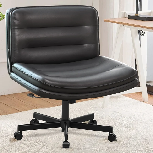 Alt view image 6 of 7 - Criss Cross Legged Office Chair with Wheels, Extra Wide Armless Comfy Desk Chair for Home Bedroom, 2 Layer Cushion Large Seat & Back Support X-Legged Chair, Beige PU Leather Adjustable Height