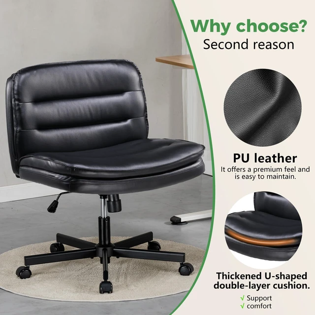 Alt view image 7 of 7 - Criss Cross Legged Office Chair with Wheels, Extra Wide Armless Comfy Desk Chair for Home Bedroom, 2 Layer Cushion Large Seat & Back Support X-Legged Chair, Beige PU Leather Adjustable Height