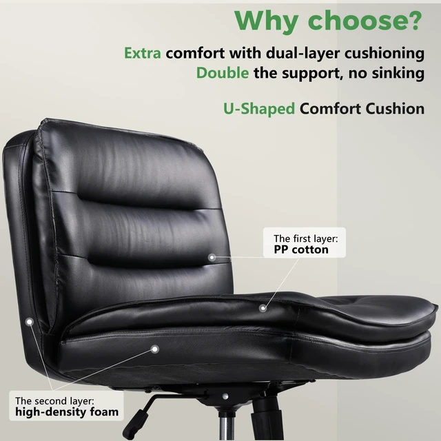 Alt view image 3 of 7 - Criss Cross Legged Office Chair with Wheels, Extra Wide Armless Comfy Desk Chair for Home Bedroom, 2 Layer Cushion Large Seat & Back Support X-Legged Chair, Beige PU Leather Adjustable Height
