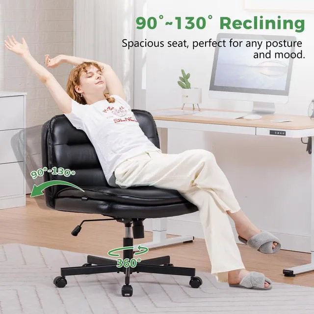 Alt view image 4 of 7 - Criss Cross Legged Office Chair with Wheels, Extra Wide Armless Comfy Desk Chair for Home Bedroom, 2 Layer Cushion Large Seat & Back Support X-Legged Chair, Beige PU Leather Adjustable Height