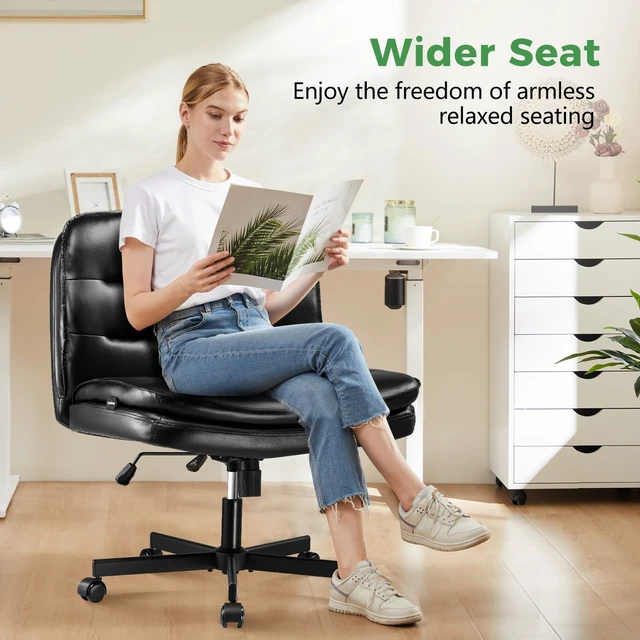 Alt view image 5 of 7 - Criss Cross Legged Office Chair with Wheels, Extra Wide Armless Comfy Desk Chair for Home Bedroom, 2 Layer Cushion Large Seat & Back Support X-Legged Chair, Beige PU Leather Adjustable Height