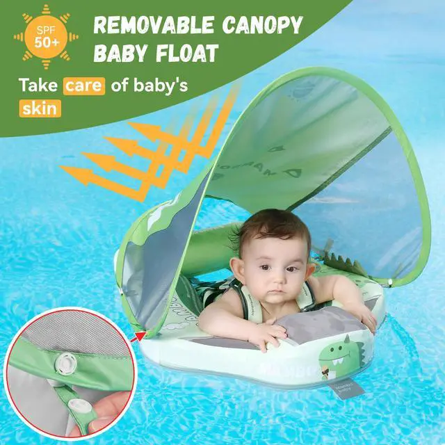 Alt view image 3 of 6 - Mambobaby Baby Swim Float with Canopy Non-Inflatable Infant Pool Float with Tail Avoid Flip Solid Skin-Friendly Material for 3-24 Months Toddler Boys Girls (Light Green)