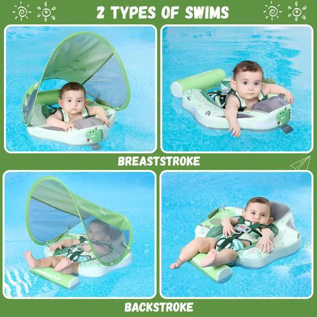 Alt view image 4 of 6 - Mambobaby Baby Swim Float with Canopy Non-Inflatable Infant Pool Float with Tail Avoid Flip Solid Skin-Friendly Material for 3-24 Months Toddler Boys Girls (Light Green)