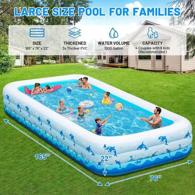Alt view image 3 of 7 - Extra Large Inflatable Swimming Pool 165" x 76" x 22" Oversized Blow Up Pool for Adults, Big Family Backyard Pool with Pump, Thickened Kiddie Pool for Summer Water Party, Easy Set Up