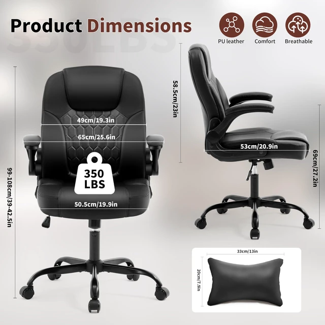 Alt view image 2 of 7 - Leather Office Chair Swivel Lumbar Support for Short People Black | Executive Office Chair PU,Leather Office Chair with Wheels,360° Swivel Rolling Chair with Padded Arm,Ergonomic Computer Chair